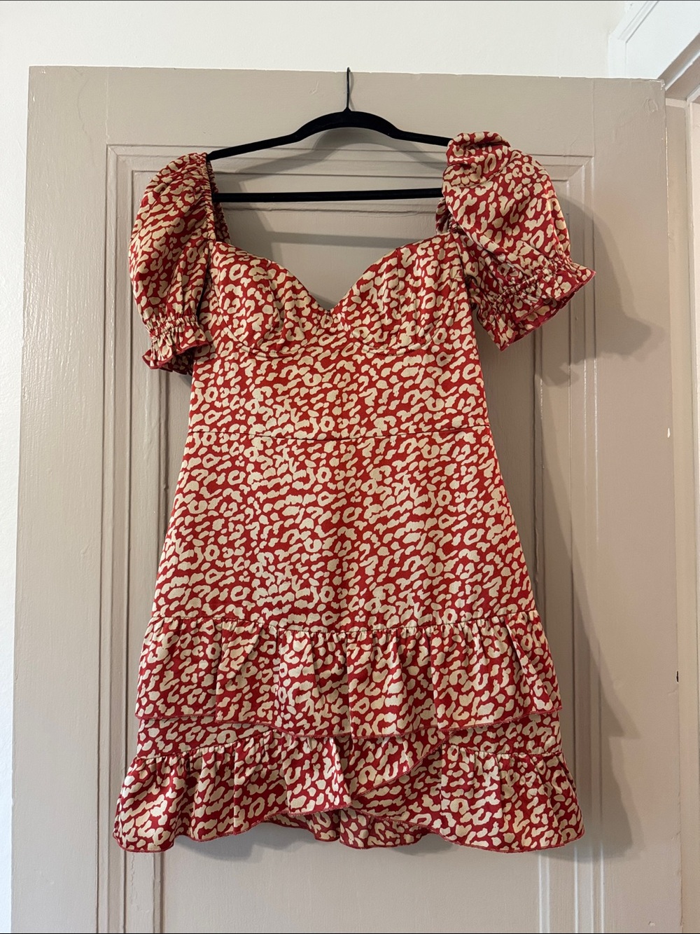 MAJORELLE Red and Cream Puff Sleeve Mini Dress